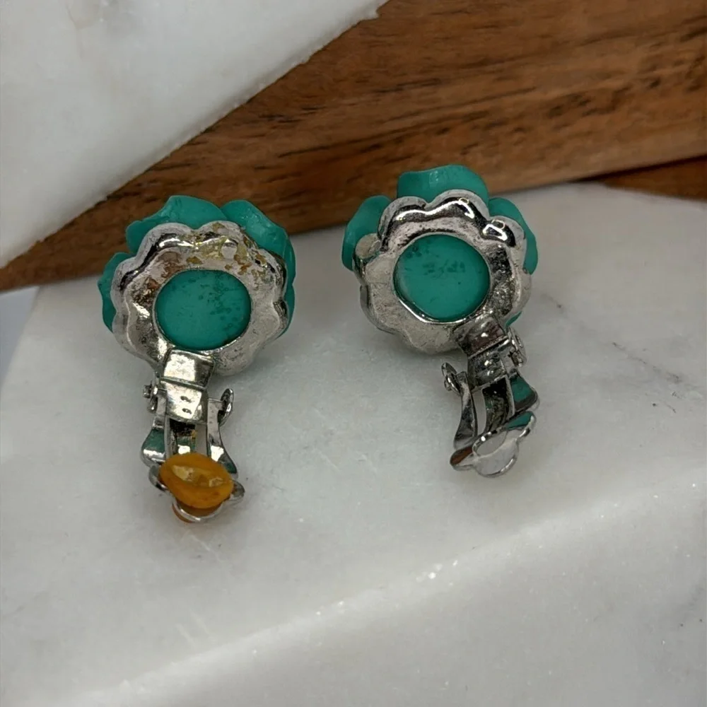 Vintage Dark Teal Resin Acrylic Carved Rose Clip Earrings lot E35